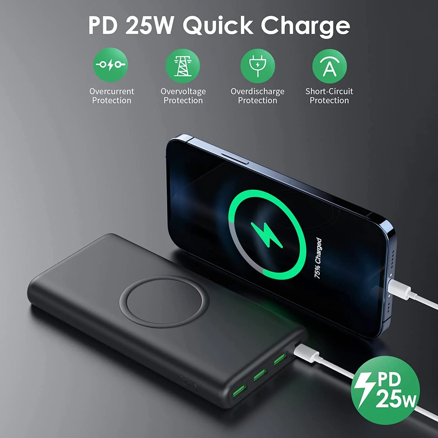 Wireless Portable Charger Power Bank, 33800mAh 15W Fast Wireless Charging 25W PD QC 4.0 USB-C Power Bank, 5 Output & Dual Input External Battery Pack Compatible with iPhone 15/14/13/12/11,Android etc Black - Image 5